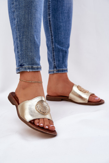 „Zazoo 2938“ odiniai plokšti sandalai su aukso apdaila 2