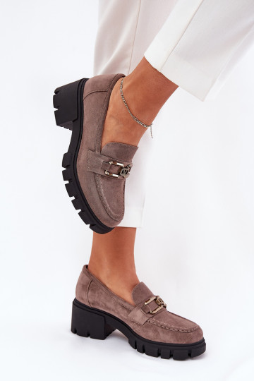 Ekologiški zomšiniai moteriški pusbačiai su dekoracija Vinceza 39921 tamsiai smėlio spalvos