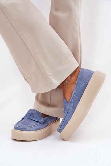 Moteriški zomšiniai mokasinai ant Vinceza platformos 79535 mėlyni