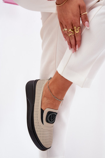 Moteriški odiniai mokasinai ant platformos ir pleišto Vinceza 79522 smėlio spalvos