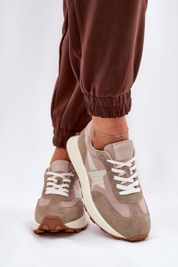 Zomšiniai moteriški sportiniai batai ant platformos Vinceza 66720 smėlio spalvos