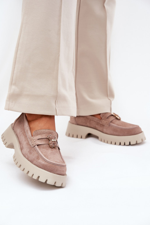 Zomšiniai moteriški mokasinai su meškiuku Vinceza 79533 smėlio spalvos