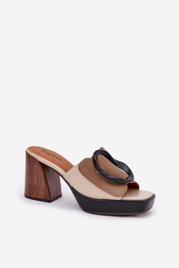 Moteriškos šlepetės su blokiniu kulnu ir sagtimi tamsiai smėlio spalvos Amuria 2