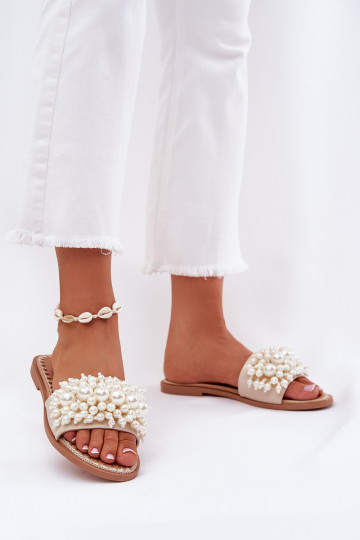 Moteriški plokšti šlepetės su dekoratyviniais karoliukais smėlio spalvos Aricca