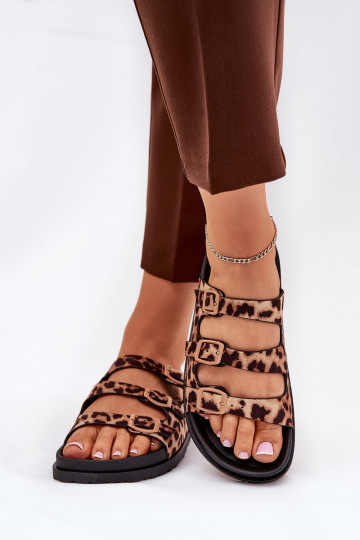 Moteriškos šlepetės su petnešėlėmis ir sagtimis ruda leopardo raštu Uliri