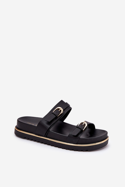 Moteriškos glotnios platformos šlepetės su petnešėlėmis ir sagtimis Juoda Ziferte