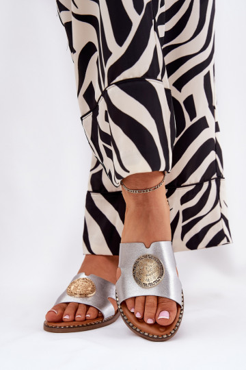 Plokšti moteriški šlepetės su dekoratyvinėmis detalėmis, sidabrinė