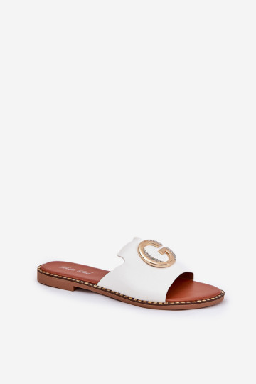 Ekologiškos odos plokščios moteriškos šlepetės su dekoratyvinėmis detalėmis White Frelie 2