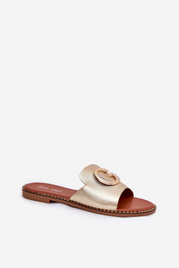 Ekologiškos odos plokščios moteriškos šlepetės su dekoratyvinėmis detalėmis Gold Frelie 2