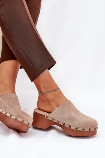 Klumpės Moteriškos šlepetės su smeigėmis Eco Suede Beige Ellason