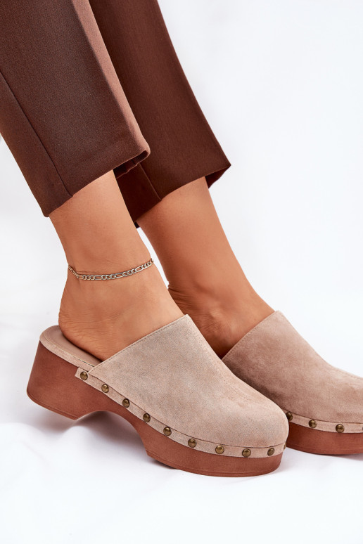 Klumpės Moteriškos šlepetės su smeigėmis Eco Suede Beige Ellason