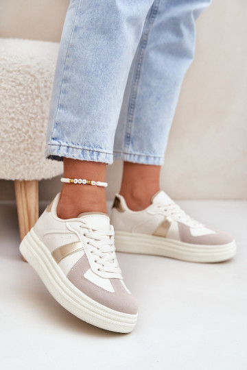 Ekologinės odos moteriški sportbačiai ant smėlio spalvos Goriette platformos