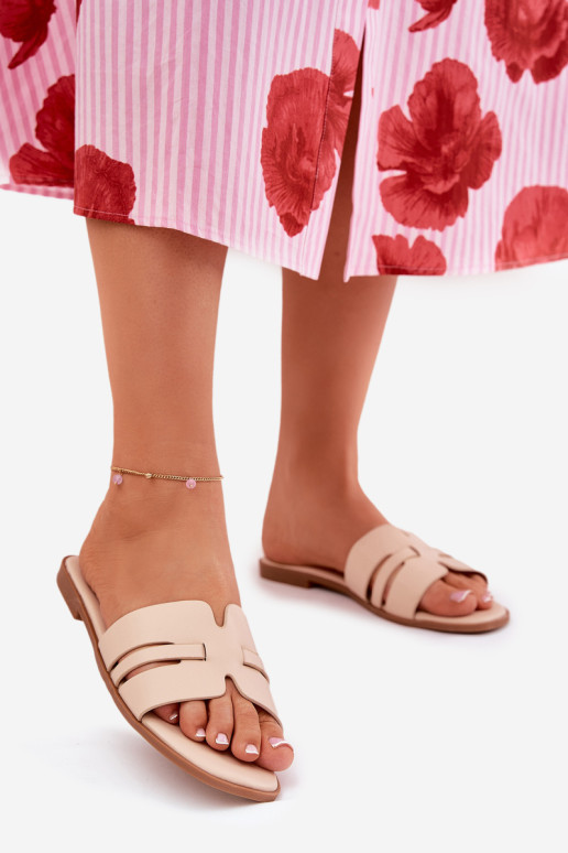 Moteriškos šlepetės su plokščiakulniais su išpjovomis Eco Leather Beige Ecapus