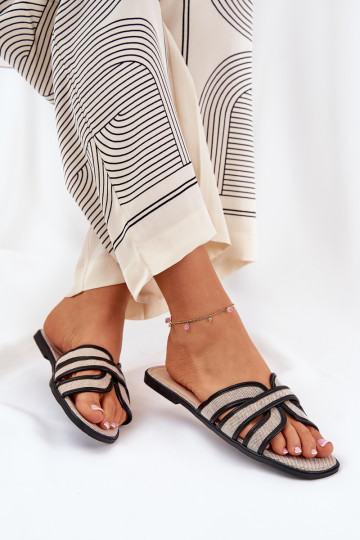 Klasikinės moteriškos šlepetės, plokščios smėlio-juodos spalvos