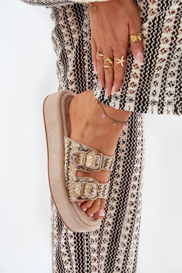 Moteriškos platformos šlepetės su sagtimis ir pynėmis Khaki Limme