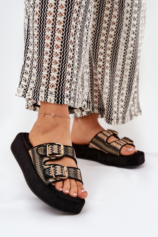 Moteriškos platformos šlepetės su sagtimis ir pynėmis Black Limme