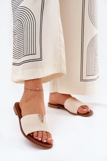 Moteriškos plokščios šlepetės su dekoratyvinėmis detalėmis Beige Saliena