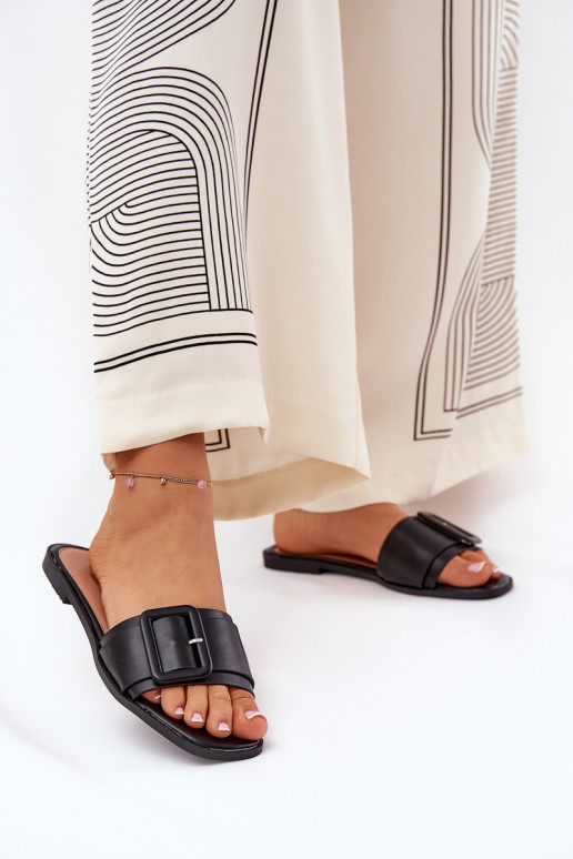 Moteriški plokšti šlepetės, ekologiškos odos su sagtimi Black Bamma