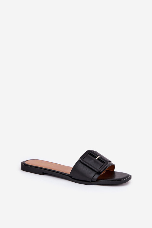 Moteriški plokšti šlepetės, ekologiškos odos su sagtimi Black Bamma