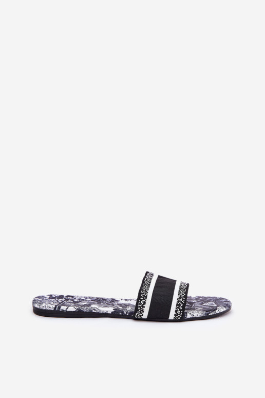 Raštuoti plokščios moteriškos šlepetės, juodos „Leysi“.