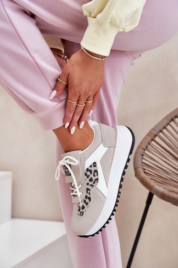 Sportiniai bateliai, moteriški sportbačiai ant platformos Leopard White-Beige Pumbes