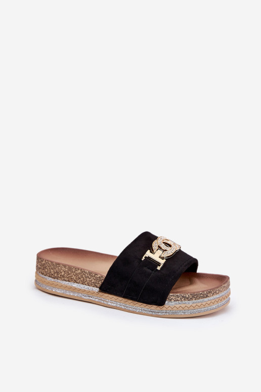 Moteriškos auksinės detalės blizgančios platformos šlepetės, juodos spalvos