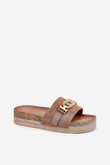 Moteriški šlepetės su aukso spalvos detalėmis ant platformos su blizgančiais chaki spalvos Eanes 2