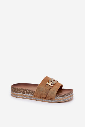 Moteriškos šlepetės su aukso spalvos detalėmis ant platformos su blizgančiais kupranugariais Eanes 2