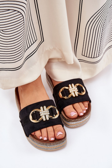 Moteriškos platformos šlepetės su blizgučiais ir aukso apdaila Black Rilirea