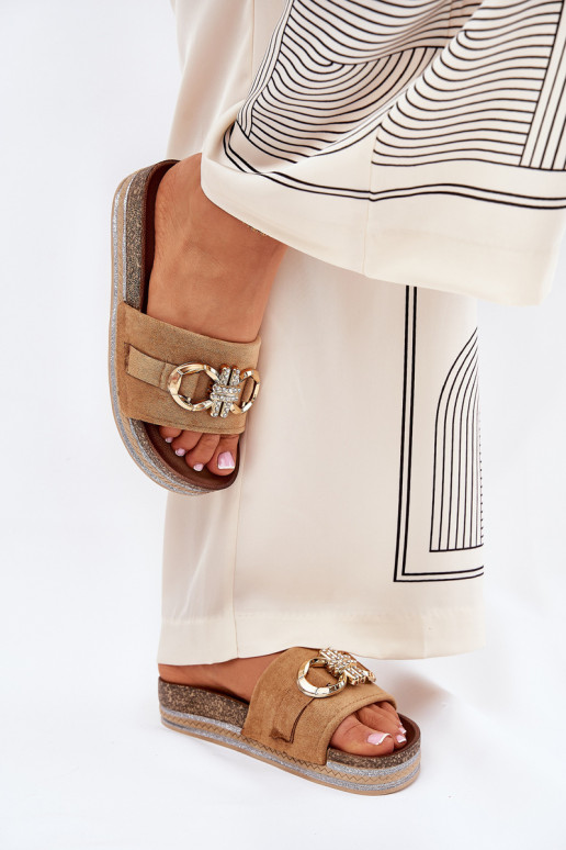 Moteriškos platformos šlepetės su blizgučiais ir aukso puošmena Camel Rilirea