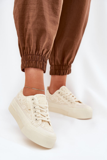 Big Star RR274746 Smėlio spalvos nėriniuoti moteriški sportbačiai