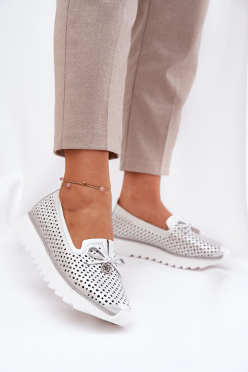 Odiniai ažūriniai moteriški žemi batai iš natūralios odos D&A LR51-631 Sidabras