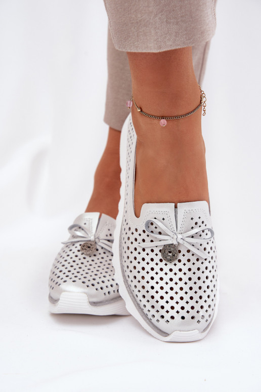 Odiniai ažūriniai moteriški žemi batai iš natūralios odos D&A LR51-631 Sidabras