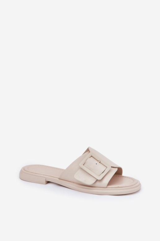 Moteriškos odinės šlepetės su sagtimi D&A SJ2302-01 smėlio spalvos