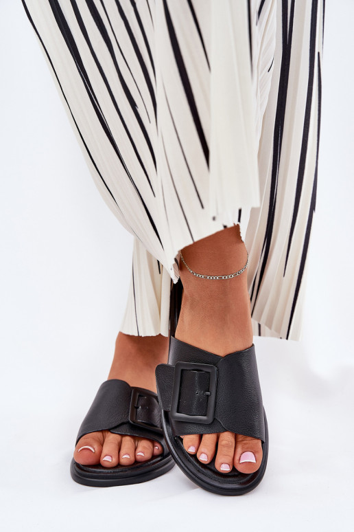 Odiniai moteriški šlepetės su sagtimi D&A SJ2302-01 juoda