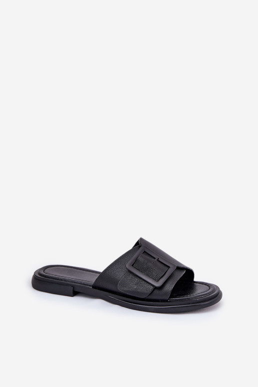 Odiniai moteriški šlepetės su sagtimi D&A SJ2302-01 juoda
