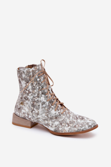 Maciejka 06391-25 Smėlio spalvos raštuoti odiniai plokšti kulkšnies batai 2