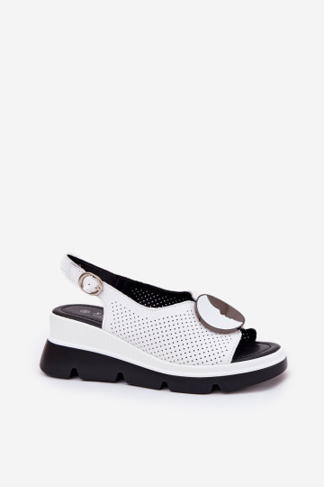 Odiniai moteriški sandalai ant pleišto su puošmena S.Barski LR51-788 Balta 2