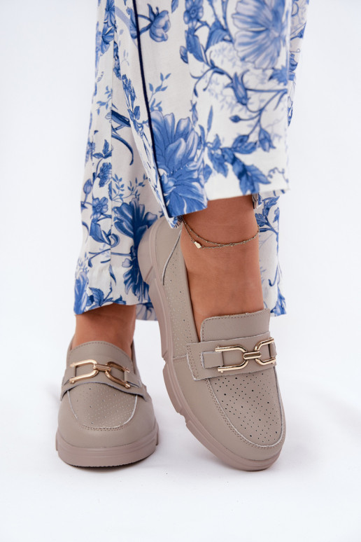 Moteriški odiniai mokasinai su aukso detalėmis Vinceza 88007 Tamsiai smėlio spalvos