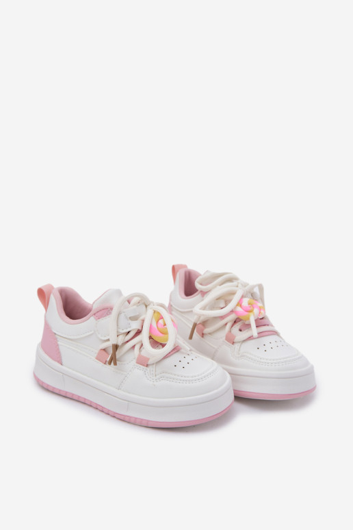 Odalira vaikiški sportbačiai su lipduku ir ledinukų segtuku, balti ir rožiniai