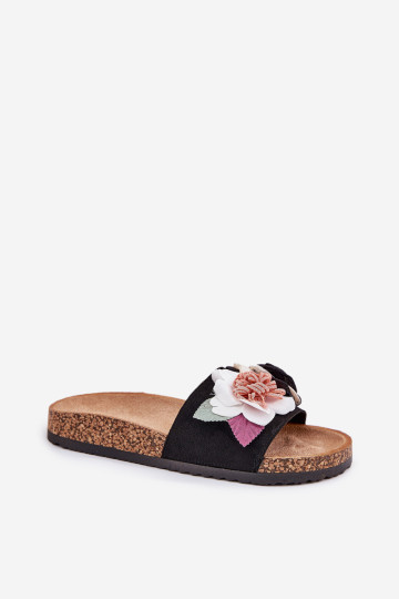 Moteriškos šlepetės su gėlėmis ant kamštinės platformos Black Zinrosa 2