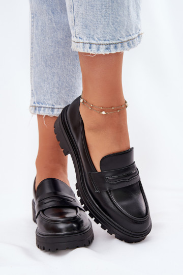 Klasikiniai moteriški mokasinai, pagaminti iš ekologinės odos juodos spalvos Enticca