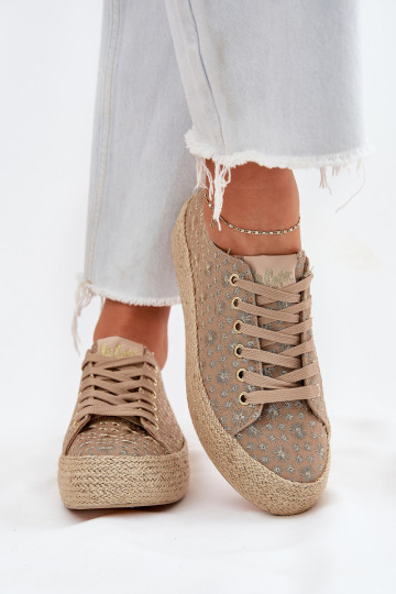 Raštuoti moteriški sportbačiai ant platformos su Braid Lee Cooper LCW-25-08-3646L Khaki
