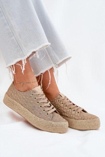 Raštuoti moteriški sportbačiai ant platformos su Braid Lee Cooper LCW-25-08-3646L Khaki