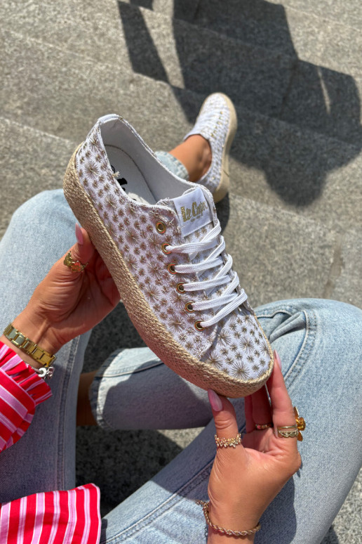 Lee Cooper LCW-25-08-3648L moteriški raštuoti platforminiai sportbačiai su pynėmis, balti ir auksiniai