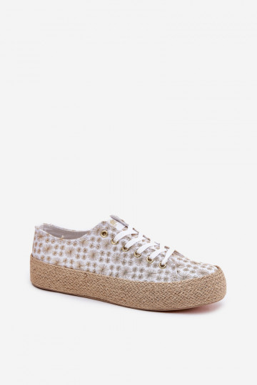 Lee Cooper LCW-25-08-3648L moteriški raštuoti platforminiai sportbačiai su pynėmis, balti ir auksiniai