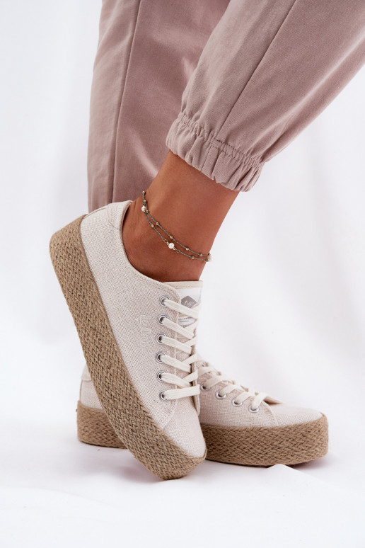 Lee Cooper LCW-25-02-3284 moteriški sportbačiai su platforma ir austimis, šviesiai smėlio spalvos