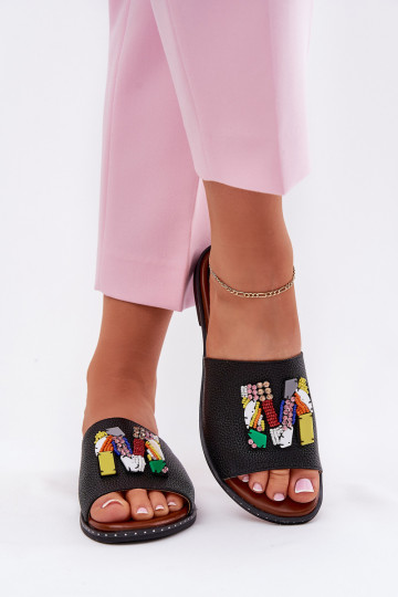 Moteriškos plokščios basutės su papuošimais, juodos Clelione