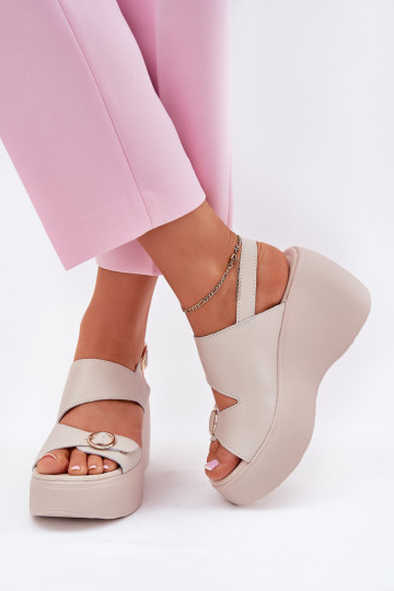 Moteriškos odinės basutės su pleištais ir platforma S.Barski LR51-540 smėlio spalvos