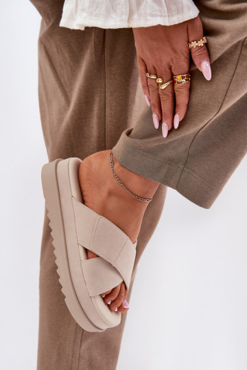 Moteriškos platforminės šlepetės su susipynusiais dirželiais smėlio spalvos Rinasara